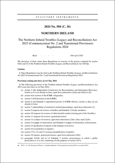 The Northern Ireland Troubles (Legacy and Reconciliation) Act 2023 (Commencement No. 2 and Transitional Provisions) Regulations 2024