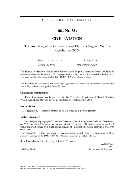 The Air Navigation (Restriction of Flying) (Virginia Water) Regulations 2024