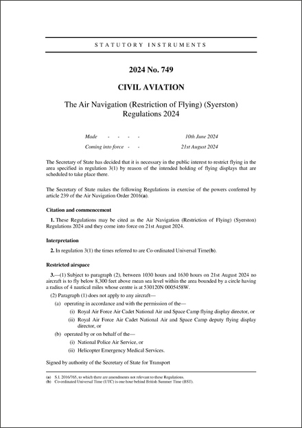 The Air Navigation (Restriction of Flying) (Syerston) Regulations 2024