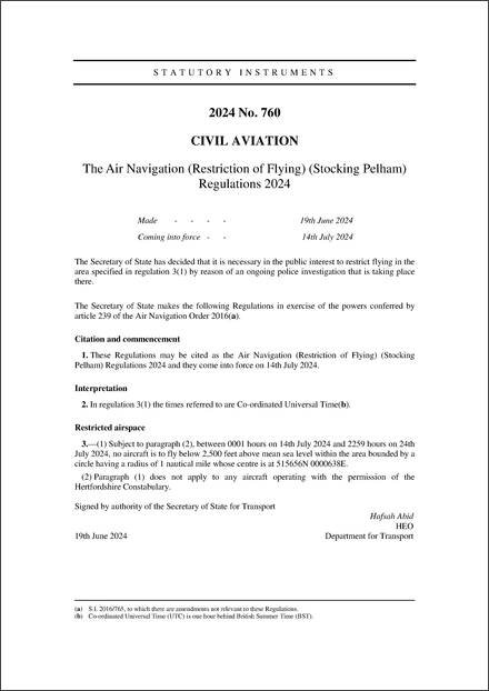 The Air Navigation (Restriction of Flying) (Stocking Pelham) Regulations 2024
