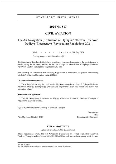 The Air Navigation (Restriction of Flying) (Netherton Reservoir, Dudley) (Emergency) (Revocation) Regulations 2024