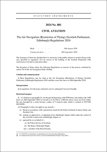 The Air Navigation (Restriction of Flying) (Scottish Parliament, Edinburgh) Regulations 2024