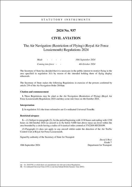 The Air Navigation (Restriction of Flying) (Royal Air Force Lossiemouth) Regulations 2024