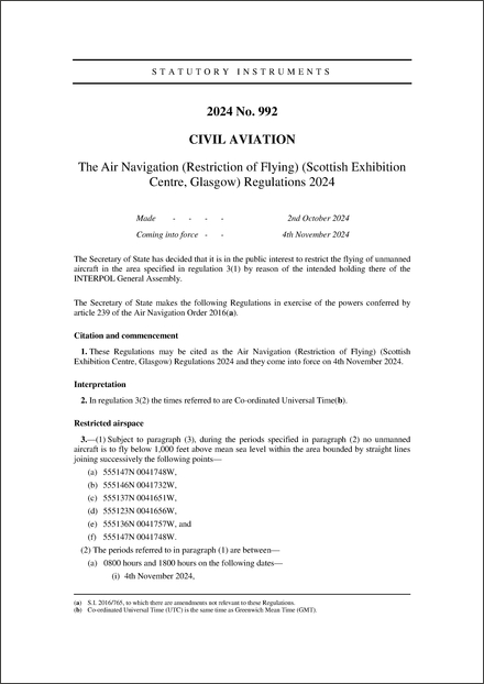 The Air Navigation (Restriction of Flying) (Scottish Exhibition Centre, Glasgow) Regulations 2024