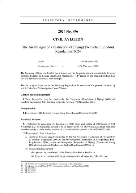 The Air Navigation (Restriction of Flying) (Whitehall London) Regulations 2024