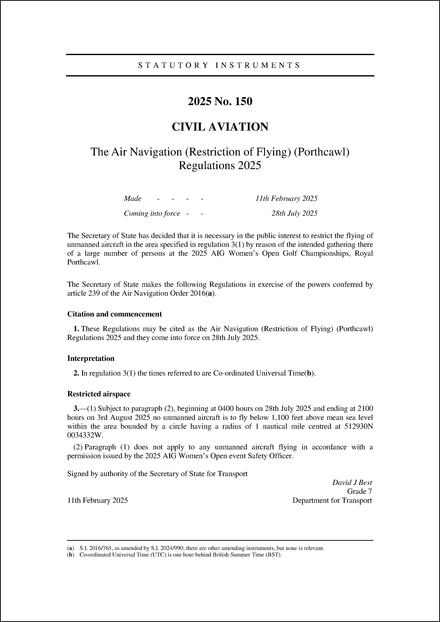 The Air Navigation (Restriction of Flying) (Porthcawl) Regulations 2025