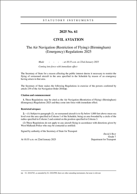 The Air Navigation (Restriction of Flying) (Birmingham) (Emergency) Regulations 2025