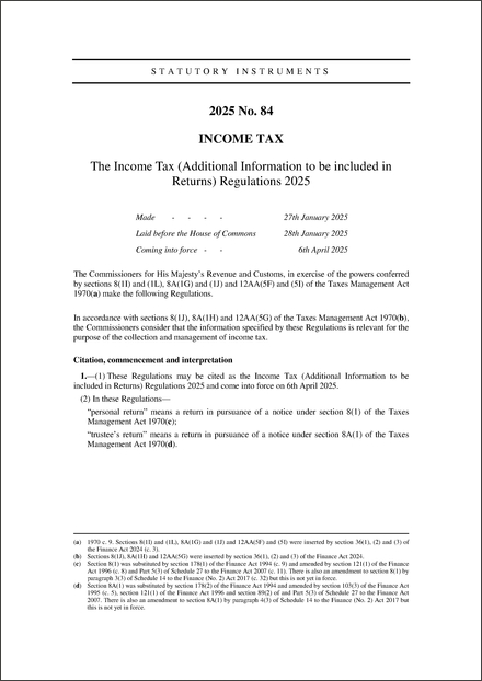 The Income Tax (Additional Information to be included in Returns) Regulations 2025