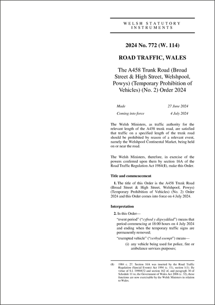 The A458 Trunk Road (Broad Street & High Street, Welshpool, Powys) (Temporary Prohibition of Vehicles) (No. 2) Order 2024