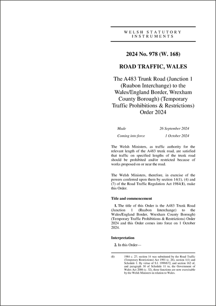 The A483 Trunk Road (Junction 1 (Ruabon Interchange) to the Wales/England Border, Wrexham County Borough) (Temporary Traffic Prohibitions & Restrictions) Order 2024