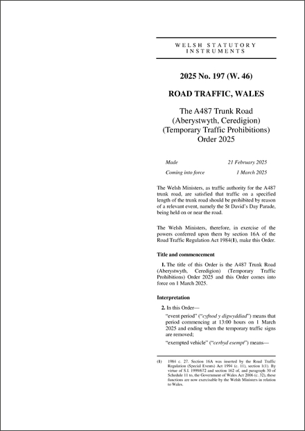 The A487 Trunk Road (Aberystwyth, Ceredigion) (Temporary Traffic Prohibitions) Order 2025