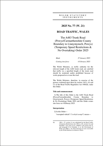 The A483 Trunk Road (Powys/Carmarthenshire County Boundary to Llanymynech, Powys) (Temporary Speed Restrictions & No Overtaking) Order 2025