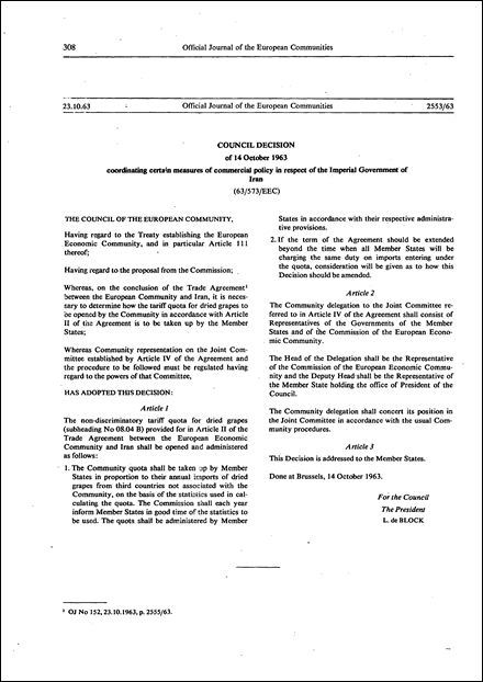 Council Decision of 14 October 1963 coordinating certain measures of commercial policy in respect of the Imperial Government of Iran