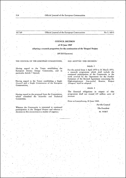 69/205/Euratom: Council Decision of 30 June 1969 adopting a research programme for the continuation of the 'Dragon' Project