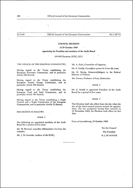 69/405/Euratom, ECSC, EEC: Council Decision of 29 October 1969 appointing the President and members of the Audit Board