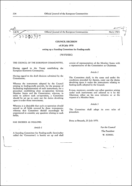 70/372/EEC: Council Decision of 20 July 1970 setting up a Standing Committee for Feeding-stuffs (repealed)