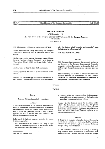 Council Decision of 29 September 1970 on the Association of the Overseas Countries and Territories with the European Economic Community