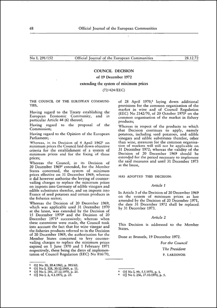 72/424/EEC: Council Decision of 19 December 1972 extending the system of minimum prices