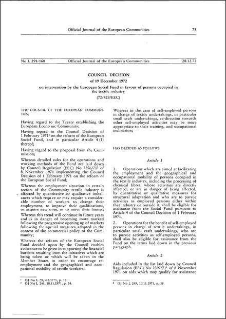 72/429/EEC: Council Decision of 19 December 1972 on intervention by the European Social Fund in favour of persons occupied in the textile industry