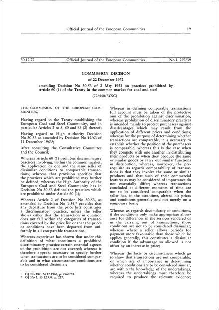 72/440/ECSC: Commission Decision of 22 December 1972 amending Decision No 30-53 of 2 May 1953 on practices prohibited by Article 60 (1) of the Treaty in the common market for coal and steel