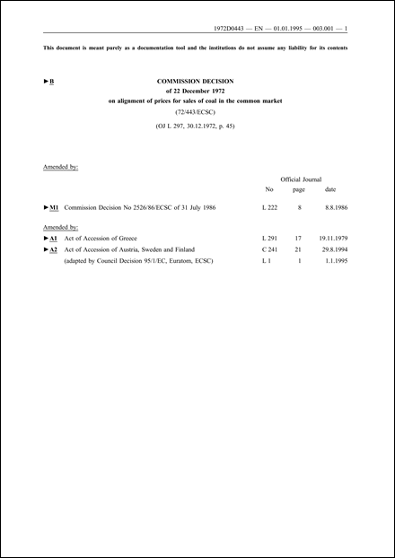 72/443/ECSC: Commission Decision of 22 December 1972 on alignment of prices for sales of coal in the common market