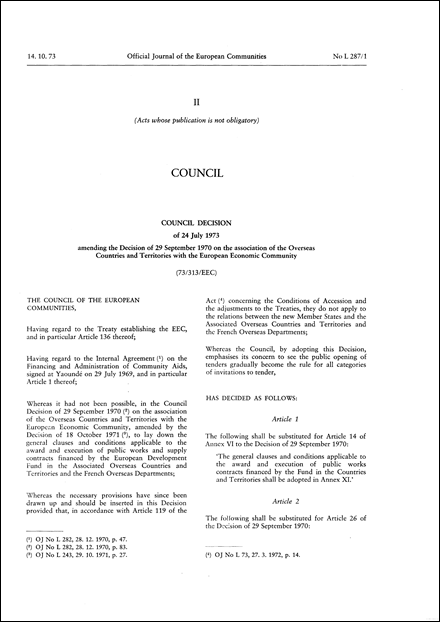 Council Decision of 24 July 1973 amending the Decision of 29 September 1970 on the association of the Overseas Countries and Territories with the European Economic Community