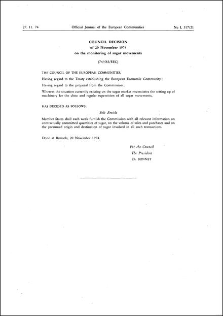 74/583/EEC: Council Decision of 20 November 1974 on the monitoring of sugar movements (repealed)