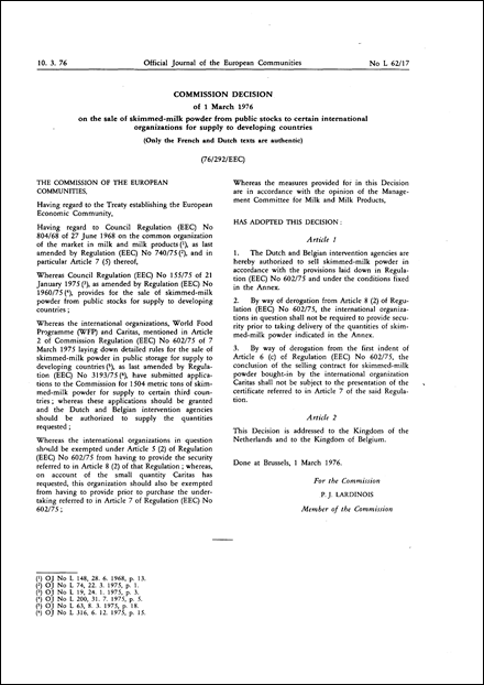 76/292/EEC: Commission Decision of 1 March 1976 on the sale of skimmed-milk powder from public stocks to certain organizations for supply to developing countries