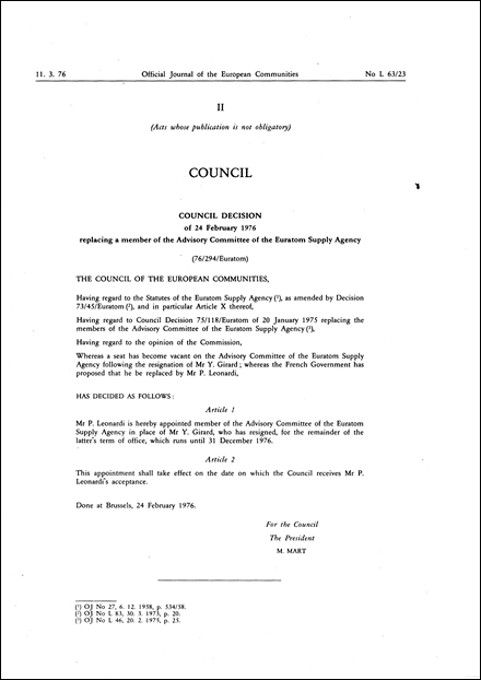 Council Decision of 24 February 1976 replacing a member of the Advisory Committee of the Euratom Supply Agency