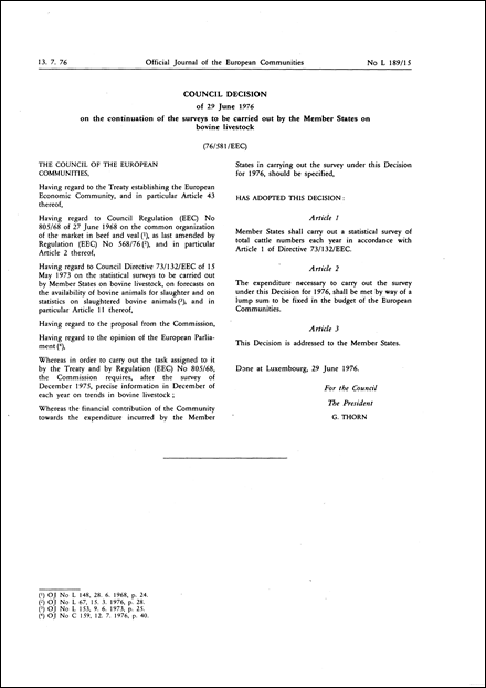 76/581/EEC: Council Decision of 29 June 1976 on the continuation of the surveys to be carried out by the Member States on bovine livestock