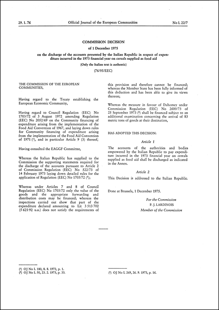 Commission Decision of 1 December 1975 on the discharge of the accounts presented by the Italian Republic in respect of expenditure incurred in the 1973 financial year on cereals supplied as food aid