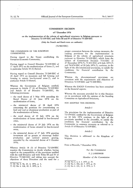76/960/EEC: Commission Decision of 7 December 1976 on the implementation of the reform of agricultural structures in Belgium pursuant to Directive 72/159/EEC and Titles III and IV of Directive 75/268/EEC (Only the French and Dutch texts are authentic)