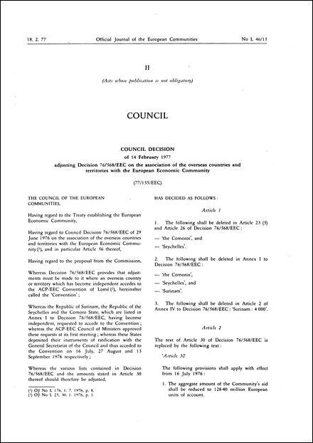 77/155/EEC: Council Decision of 14 February 1977 adjusting Decision 76/568/EEC on the association of the overseas countries and territories with the European Economic Community