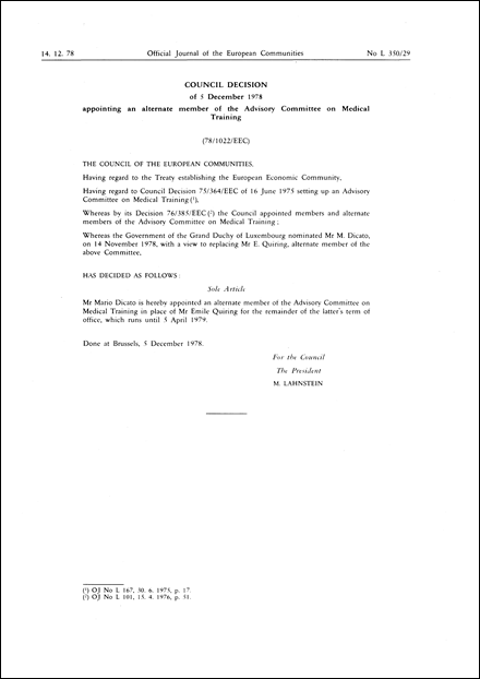 78/1022/EEC: Council Decision of 5 December 1978 appointing an alternate member of the Advisory Committee on Medical Training