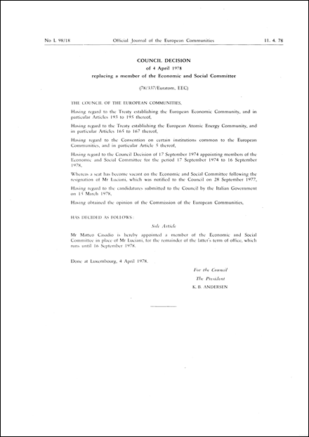 , EEC: * Council Decision of 4 April 1978 replacing a member of the Economic and Social Committee