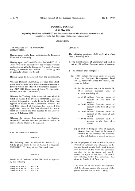 78/465/EEC: Council Decision of 30 May 1978 adjusting Decision 76/568/EEC on the association of the overseas countries and territories with the European Economic Community