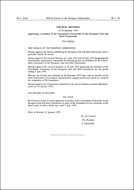 Council Decision of 23 January 1978 appointing a member of the Consultative Committee of the European Coal and Steel Community