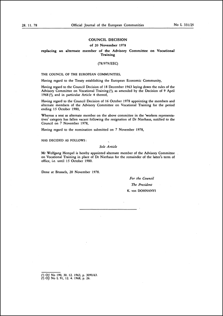 78/979/EEC: Council Decision of 20 November 1978 replacing an alternate member of the Advisory Committee on Vocational Training