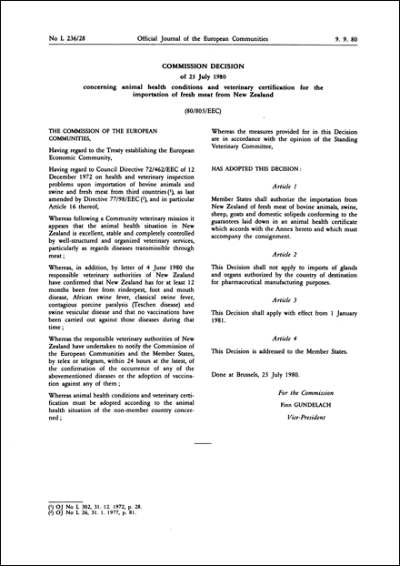 80/805/EEC: Commission Decision of 25 July 1980 concerning animal health conditions and veterinary certification for the importation of fresh meat from New Zealand (repealed)