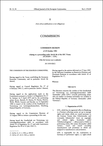 81/1030/EEC: Commission Decision of 29 October 1981 relating to a proceeding under Article 86 of the EEC Treaty (IV/29.839 - GVL) (Only the German text is authentic)