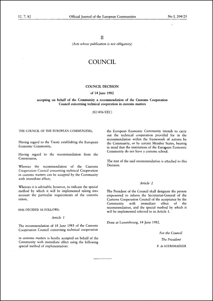 82/456/EEC: Council Decision of 14 June 1982 accepting on behalf of the Community a recommendation of the Customs Cooperation Council concerning technical cooperation in customs matters