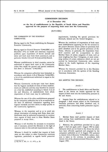 82/913/EEC: Commission Decision of 16 December 1982 on the list of establishments in the Republic of South Africa and Namibia approved for the purpose of importing fresh meat into the Community (repealed)