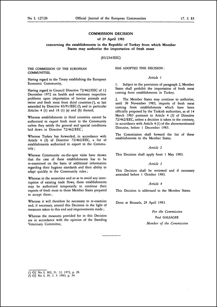 83/234/EEC: Commission Decision of 29 April 1983 concerning the establishments in the Republic of Turkey from which Member States may authorize the importation of fresh meat