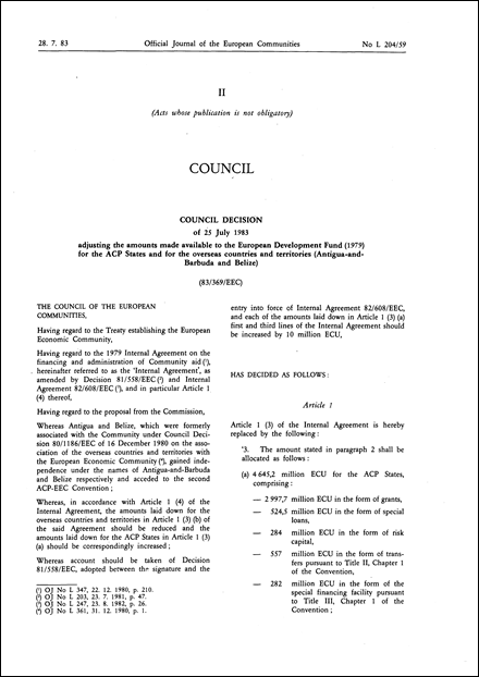 83/369/EEC: Council Decision of 25 July 1983 adjusting the amounts made available to the European Development Fund (1979) for the ACP States and for the overseas countries and territories (Antigua-and-Barbuda and Belize)
