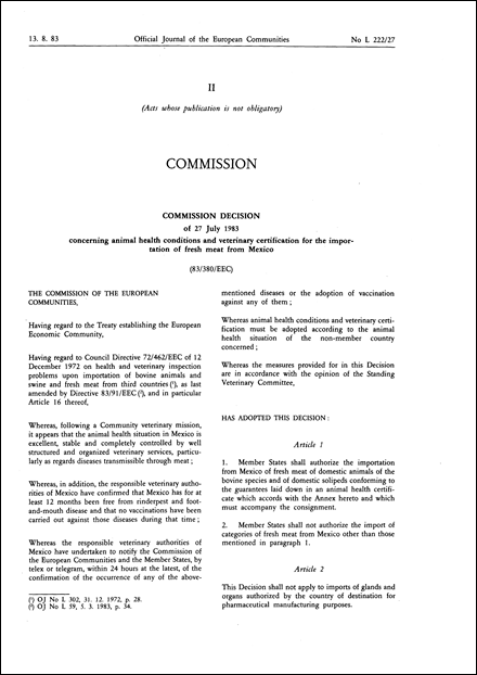 83/380/EEC: Commission Decision of 27 July 1983 concerning animal health conditions and veterinary certification for the importation of fresh meat from Mexico
