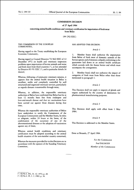 84/292/EEC: Commission Decision of 27 April 1984 concerning animal health conditions and veterinary certification for importation of fresh meat from Belize