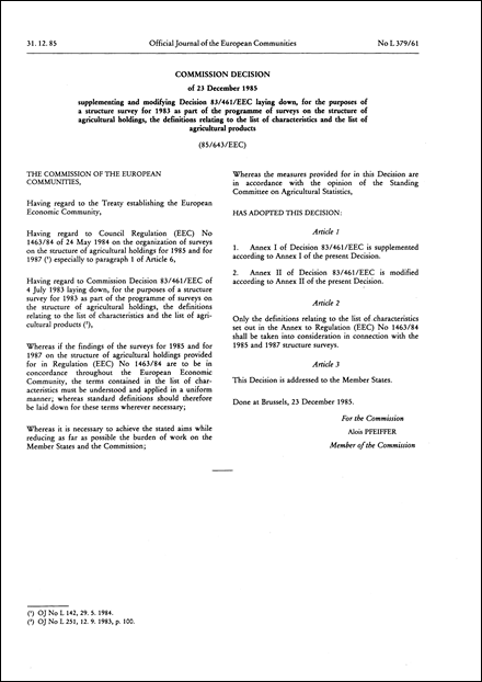 85/643/EEC: Commission Decision of 23 December 1985 supplementing and modifying Decision 83/461/EEC laying down, for the purposes of a structure survey for 1983 as part of the programme of surveys on the structure of agricultural holdings, the definitions relating to the list of characteristics and the list of agricultural products