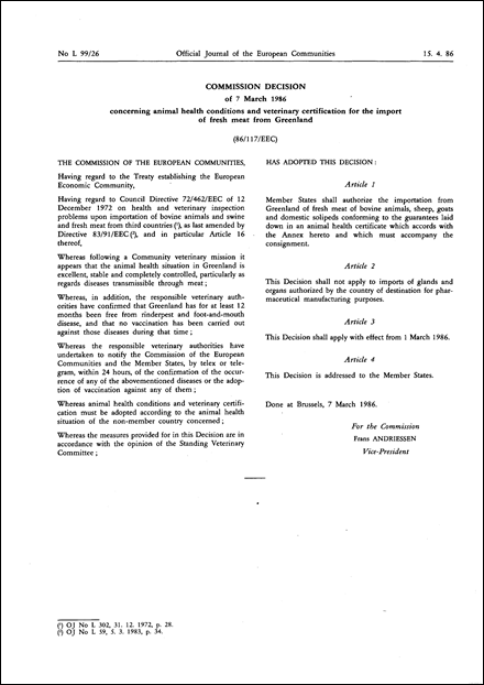 86/117/EEC: Commission Decision of 7 March 1986 concerning animal health conditions and veterinary certification for the import of fresh meat from Greenland