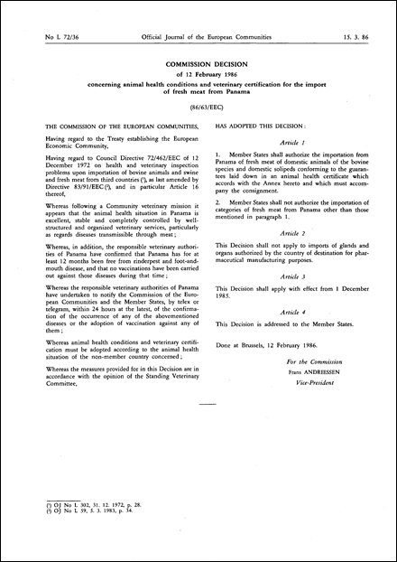 86/63/EEC: Commission Decision of 12 February 1986 concerning animal health conditions and veterinary certification for the import of fresh meat from Panama