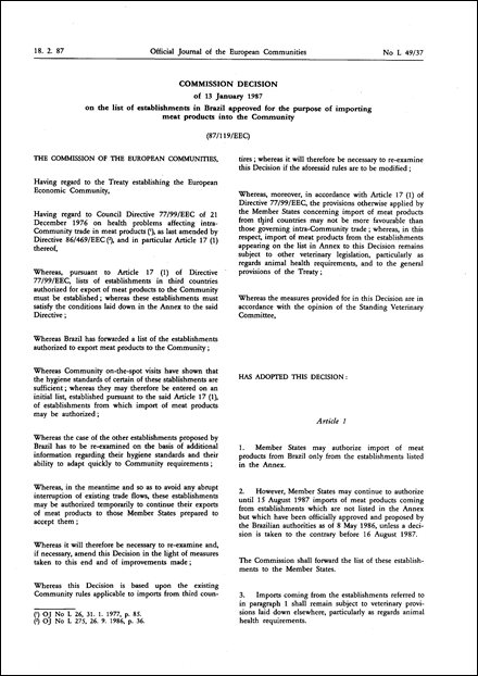 87/119/EEC: Commission Decision of 13 January 1987 on the list of establishments in Brazil approved for the purpose of importing meat products into the Community (repealed)
